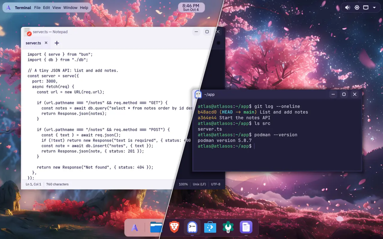 The AtlasOS desktop, cut diagonally into AtlasOS Light on the left and AtlasOS Dark on the right: the menu bar on top, the floating dock at the bottom, and Atlas Notepad and Ghostty open over the sakura wallpaper.