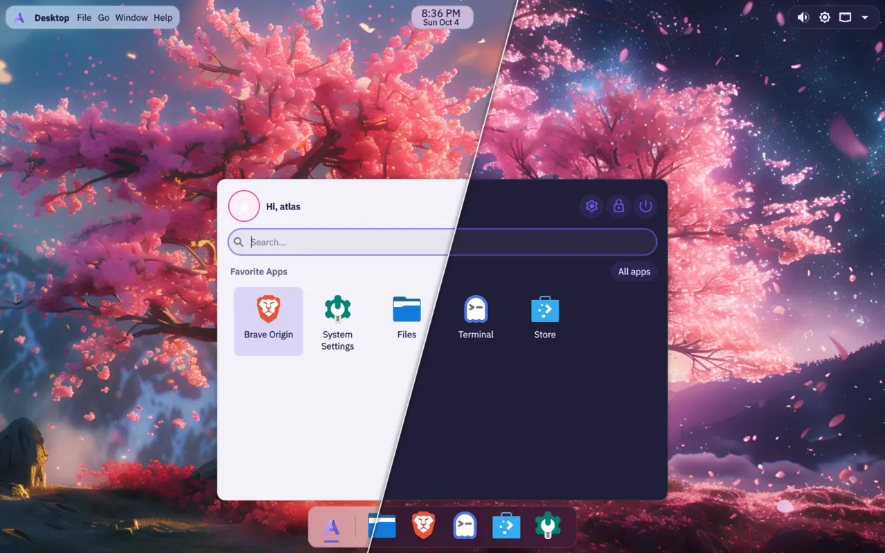 The app launcher over the dock, cut diagonally into AtlasOS Light and Dark, with the favourite apps up front and one search box.