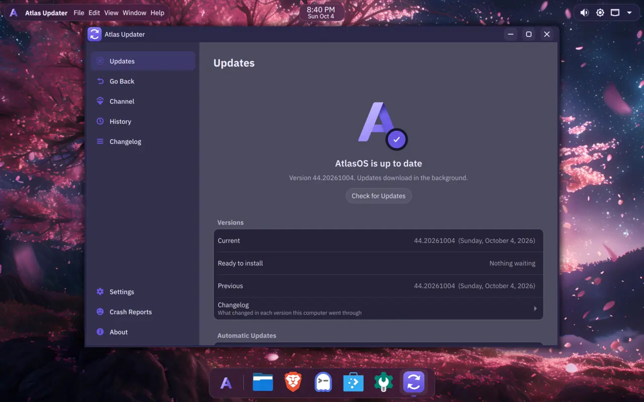Atlas Updater in the dark theme, showing AtlasOS is up to date, with the current, ready and previous versions listed.